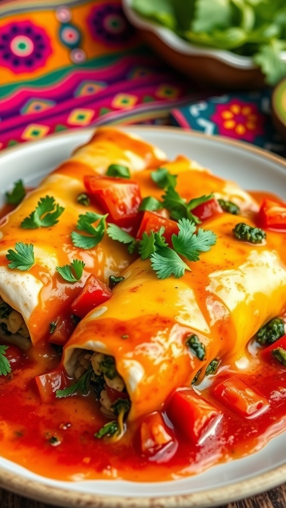 Cheesy spinach and tomato enchiladas topped with sauce and cilantro on a rustic table.